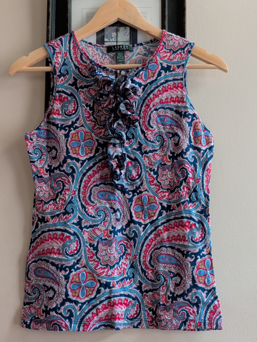 Lauren Ralph Lauren Navy & Red Paisley Ruffle Sleeveless Top